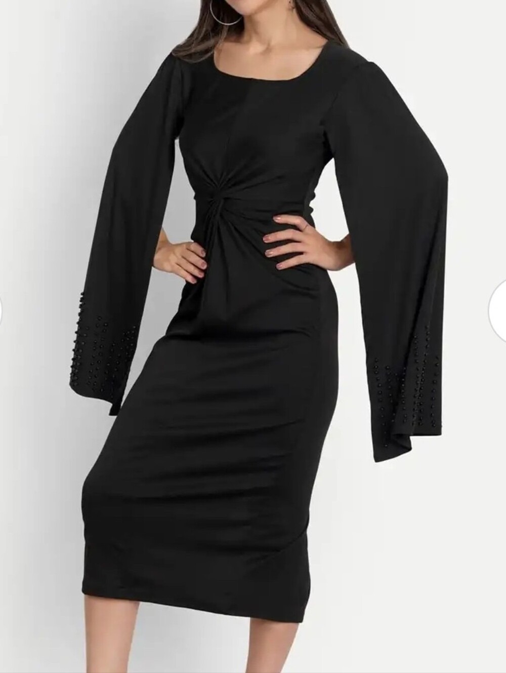 Black Twist-Front Midi Dress with Bell Sleeves